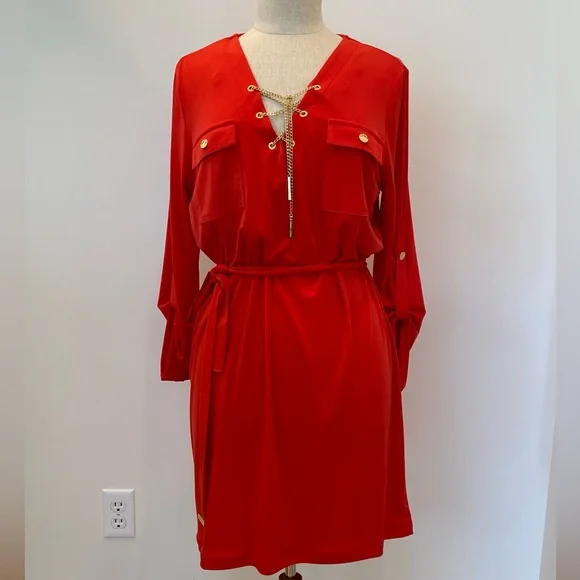 silk halter dress with folds around the neckline Adrianna Papell Stretch Satin Hardware Halter Collar Gown